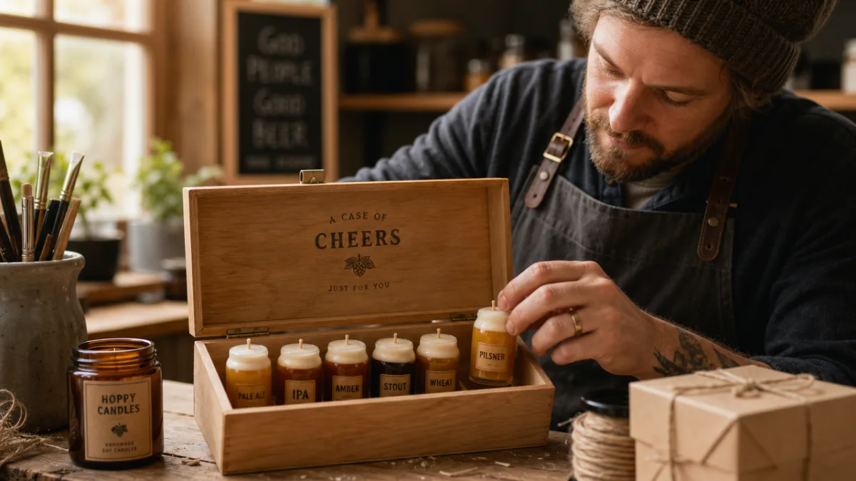 an artisan arranging a set of tiny beer candles in a wooden…