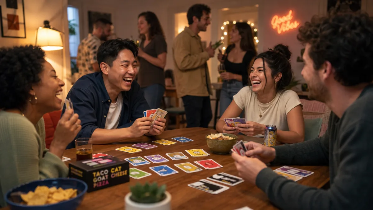 a lively living room party scene with colorful game cards on a…