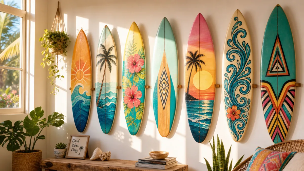 a collection of colorful decorated surfboard crafts displayed on a white wall,…