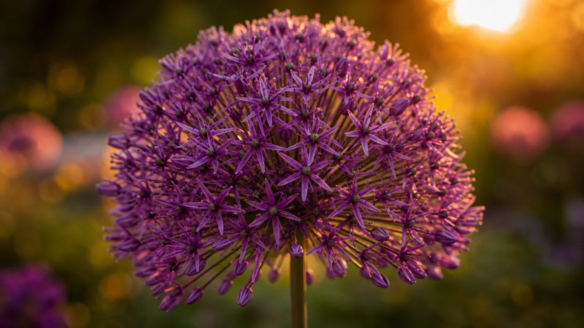 a dramatic close-up of a single large purple allium globe flower, shallow…