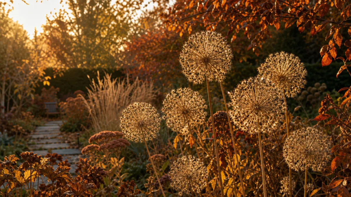 an autumn garden scene with dried allium seedheads catching warm low light,…