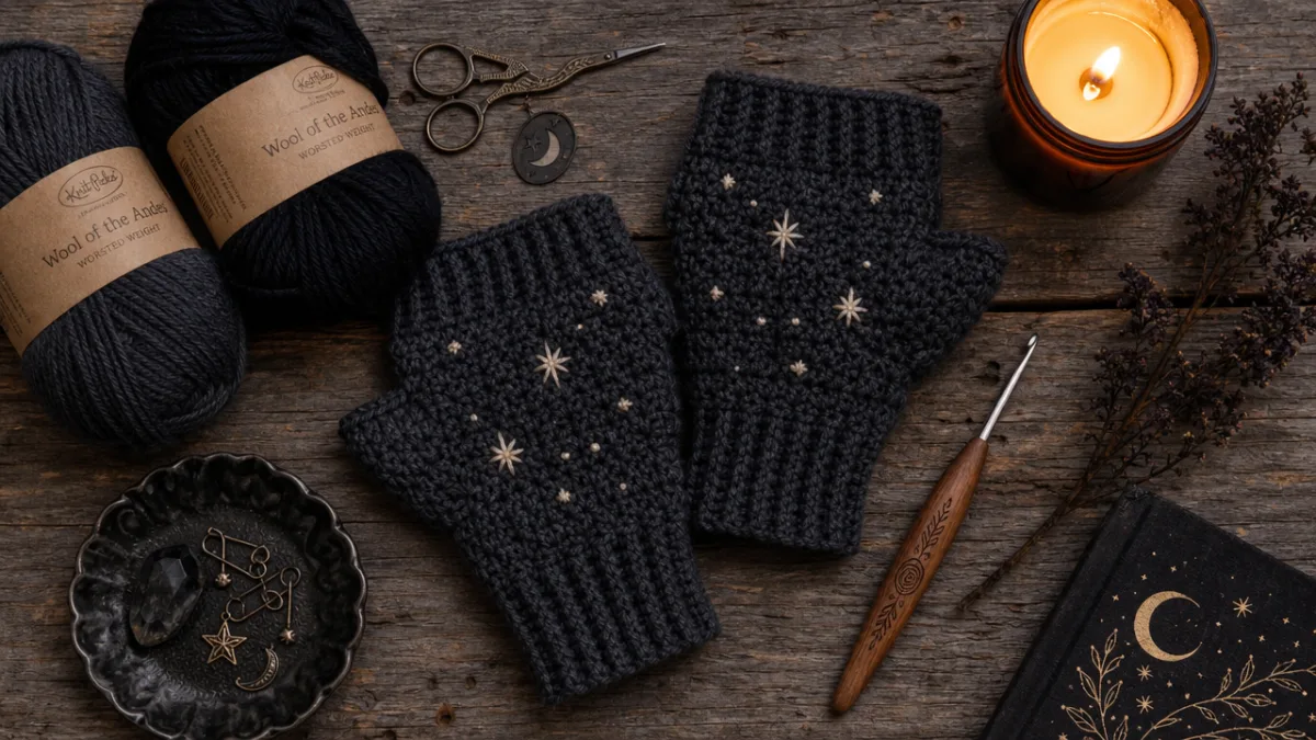 flat lay of crochet tools, dark yarn skeins, and star-detail fingerless gloves…