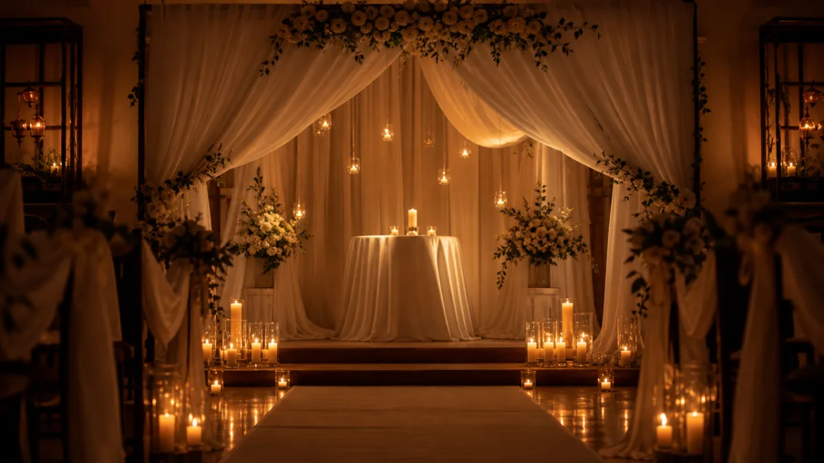 an intimate candlelit wedding ceremony altar draped in white fabric, warm golden…