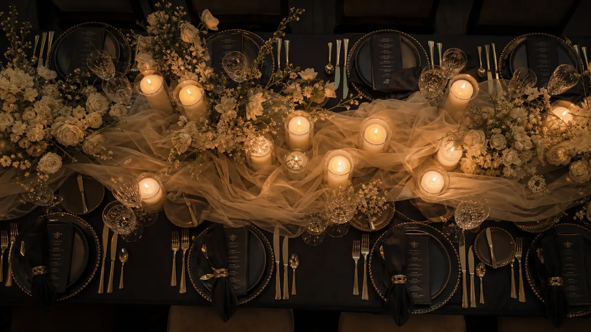an overhead view of a luxurious table setting with cascading sheer ivory…