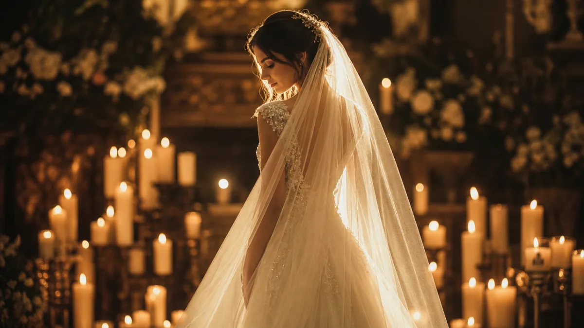 a bride in flowing diaphanous white gown and long veil backlit by…
