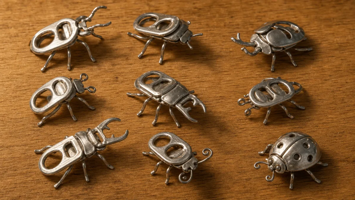 a collection of small aluminum soda tab beetles arranged on a wooden…