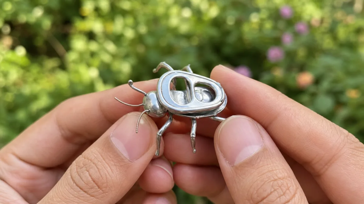 hands holding a shiny aluminum soda tab beetle against a blurred green…