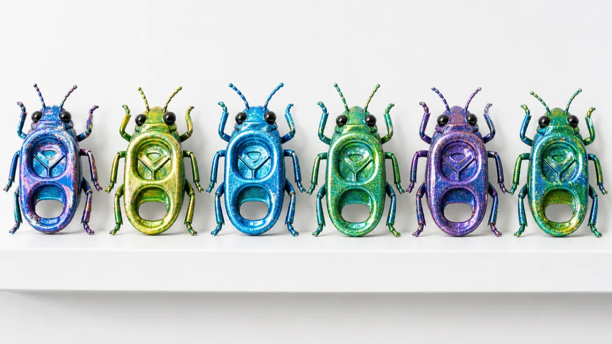 a row of colorful painted aluminum soda tab beetles displayed on a…