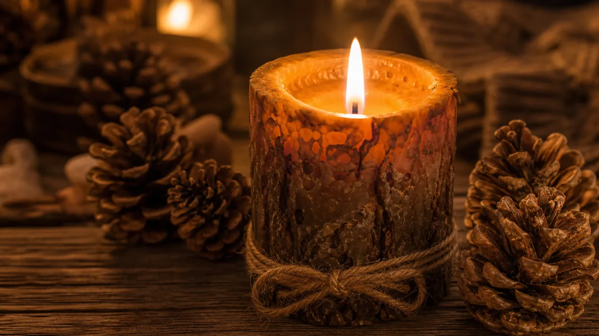 a close-up of a lit rustic candle on a wooden table surrounded…