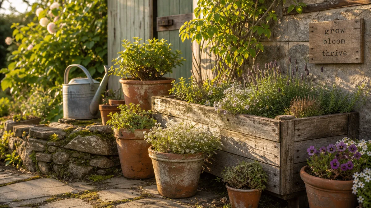 a sunlit rustic garden corner with weathered wood planters, aged terracotta pots,…
