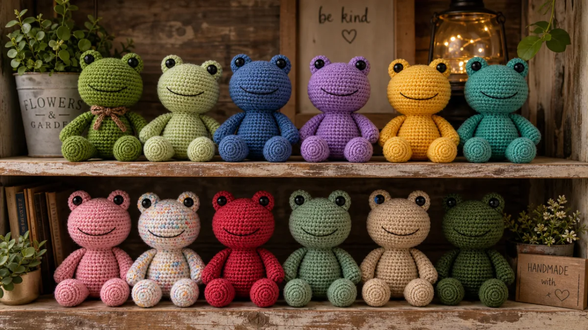 a collection of finished handmade crocheted frog toys in various colors displayed…