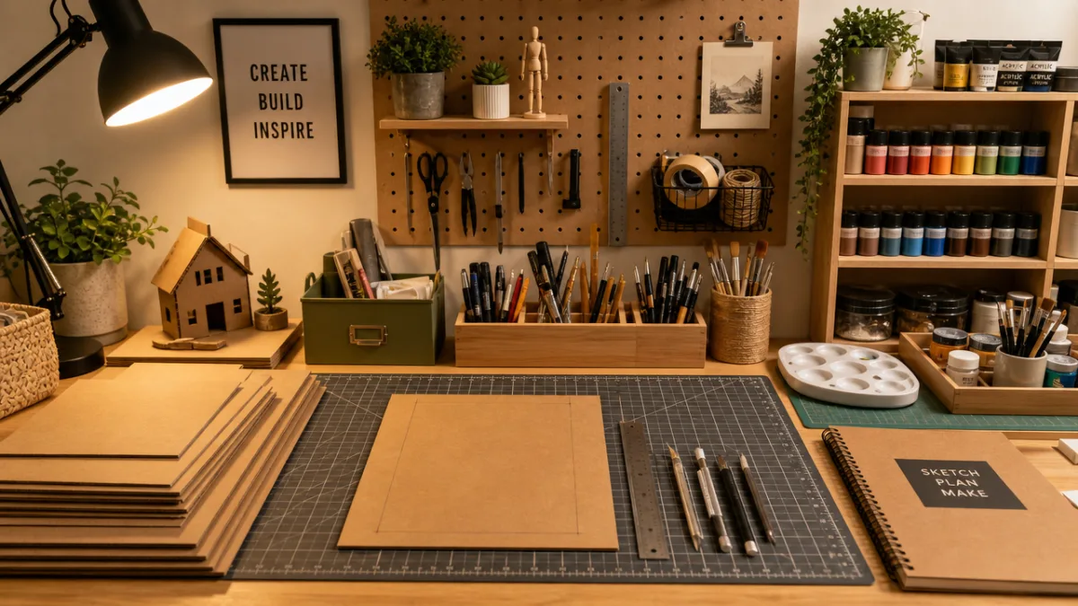 a neatly organized craft workspace with cardboard sheets, craft knives, paints, and…