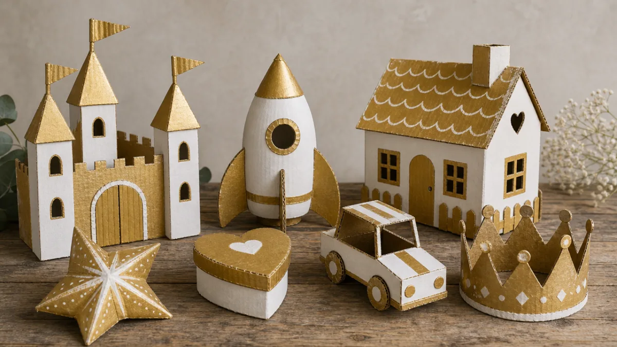 a collection of finished cardboard crafts painted gold and white on a…
