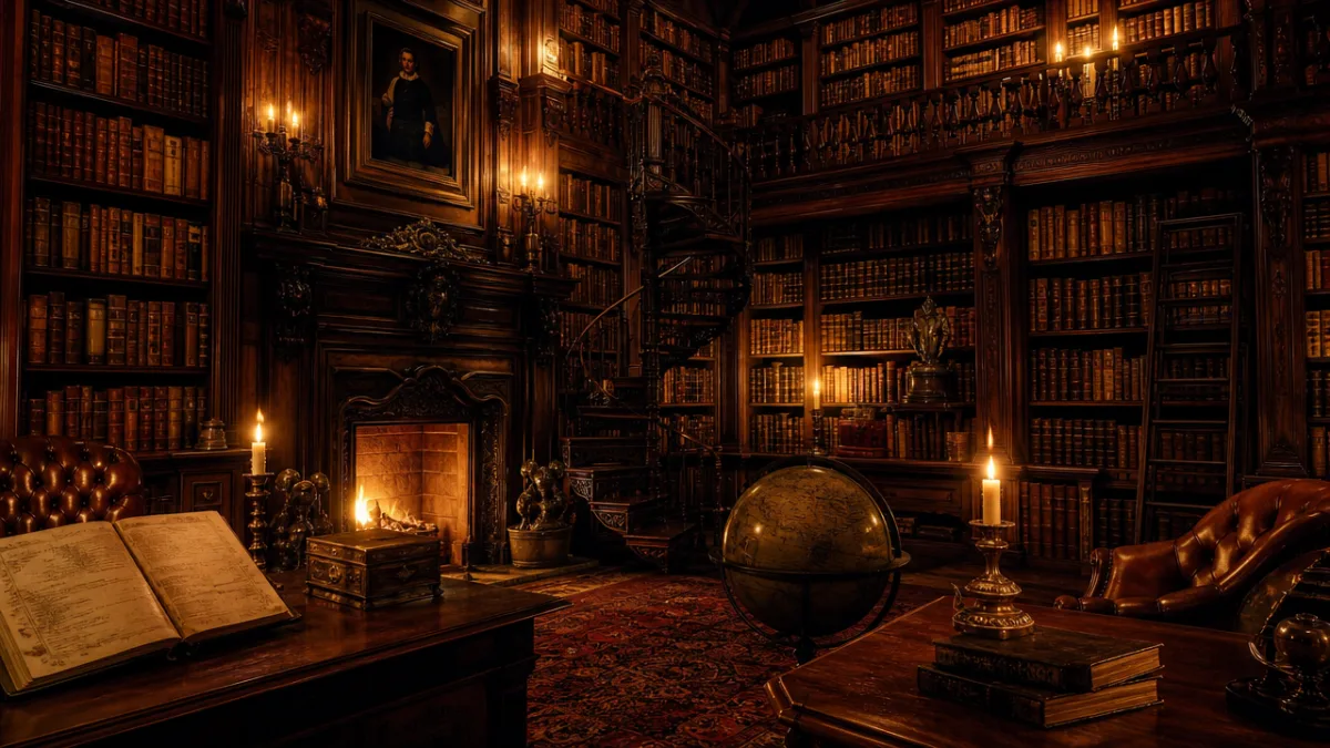 a candlelit antique library with towering bookshelves, vintage leather-bound books, warm amber…