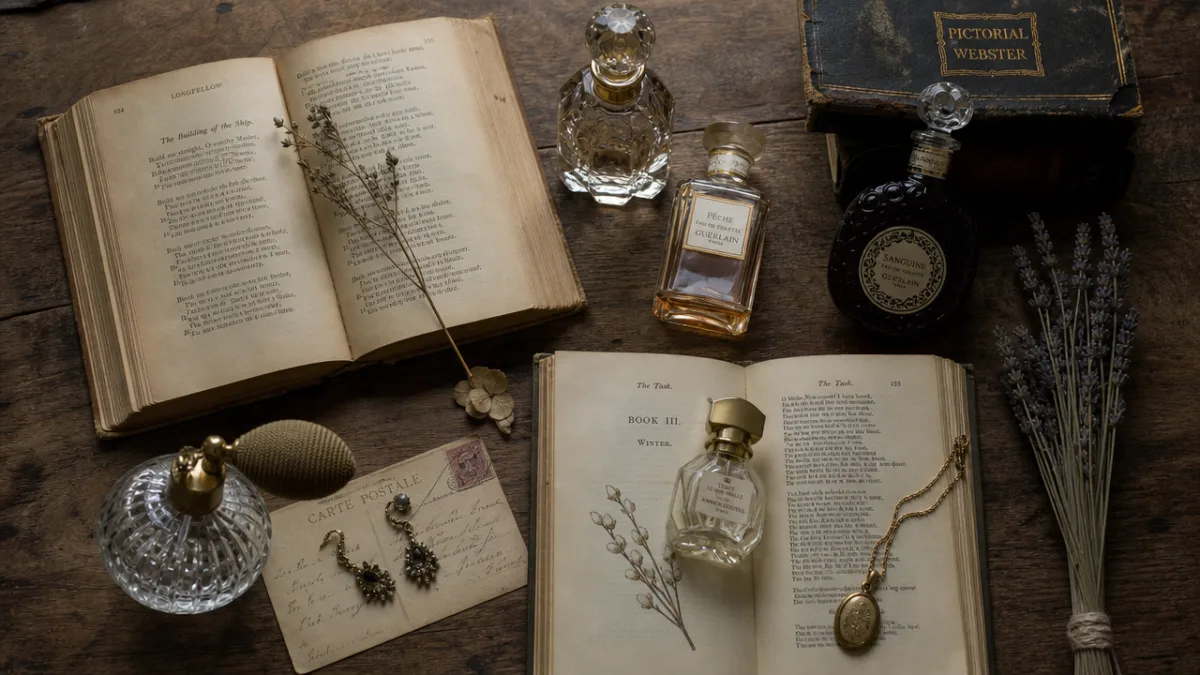 a flat lay of vintage perfume bottles and open antique books on…