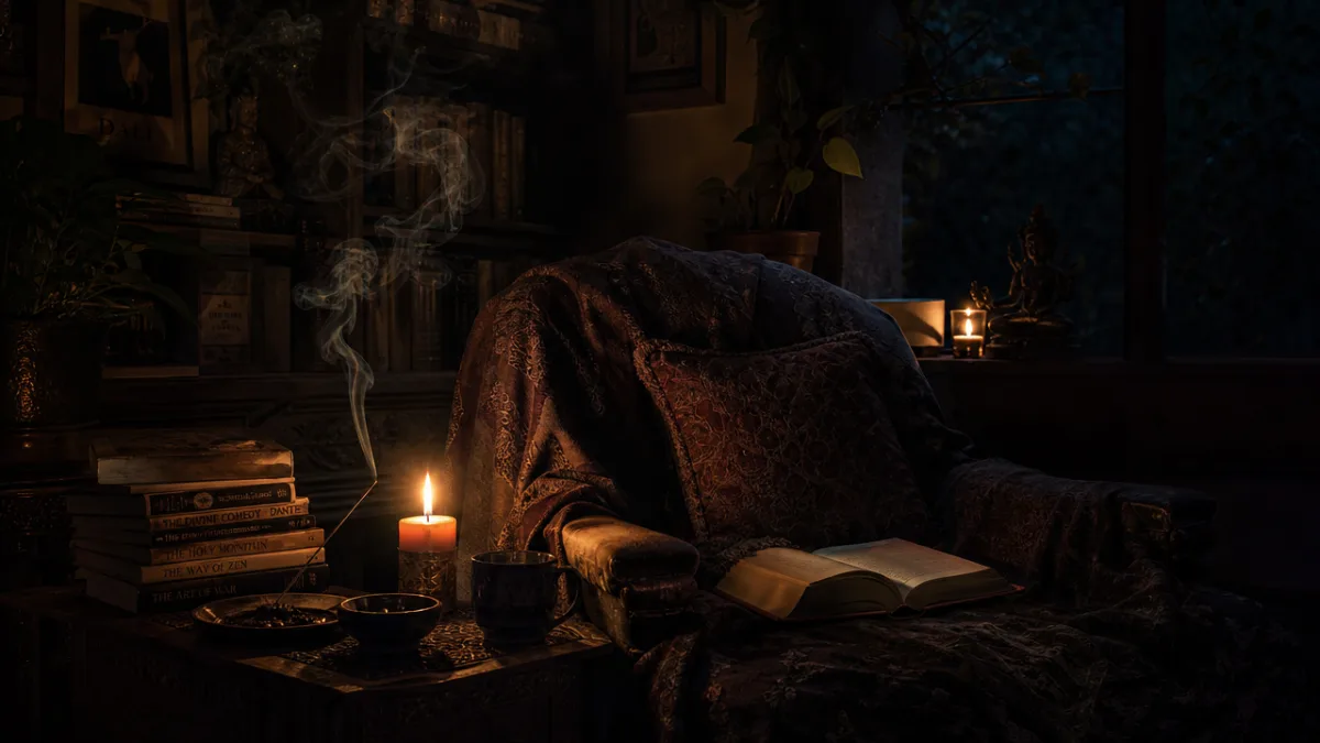 a moody reading corner with incense smoke, stacked books and a burning…