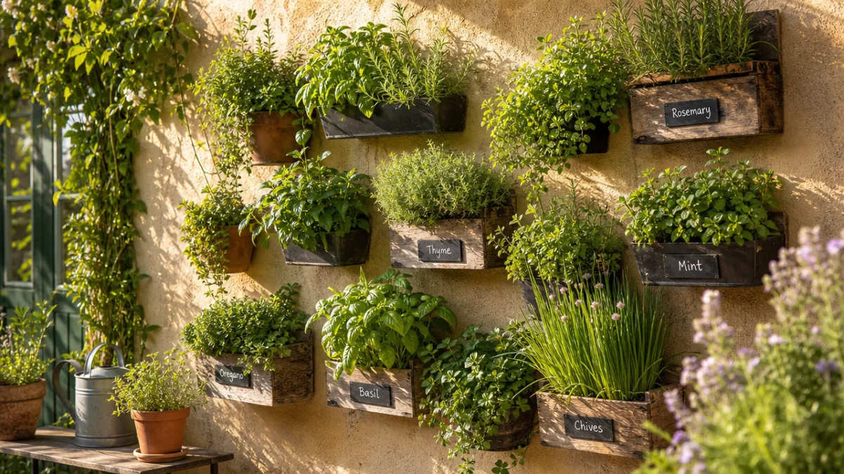 a sun-drenched outdoor wall covered in lush vertical herb planters with green…