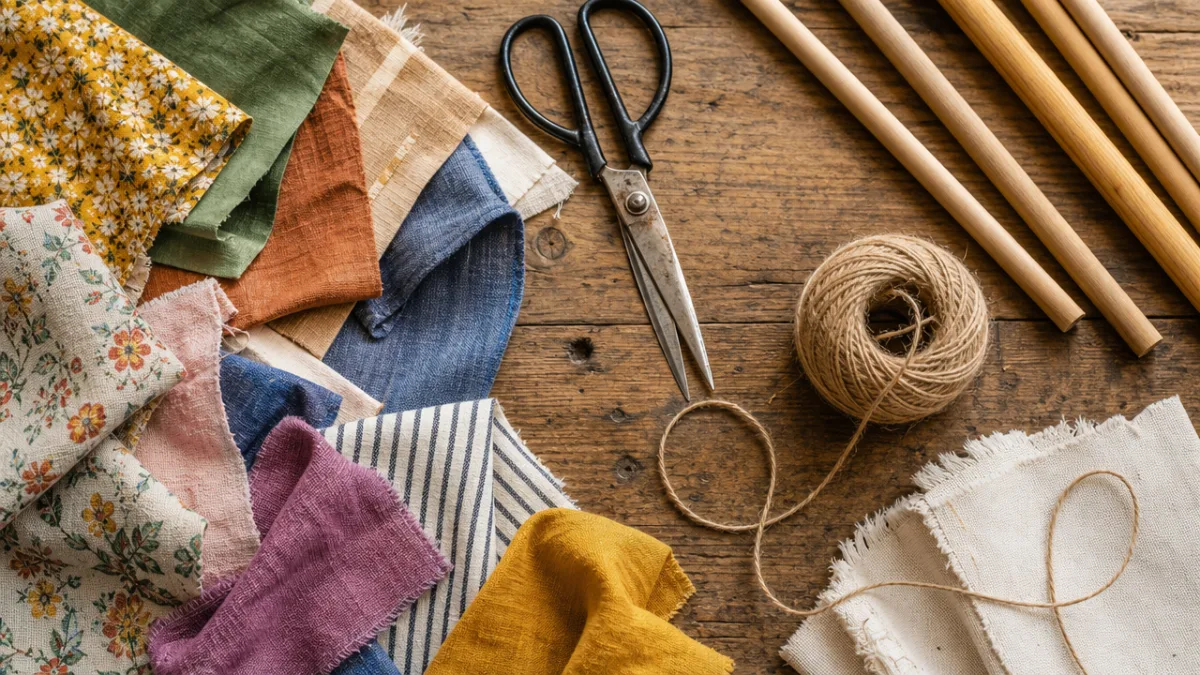 a flat lay of colorful fabric scraps, wooden rods, scissors and twine…