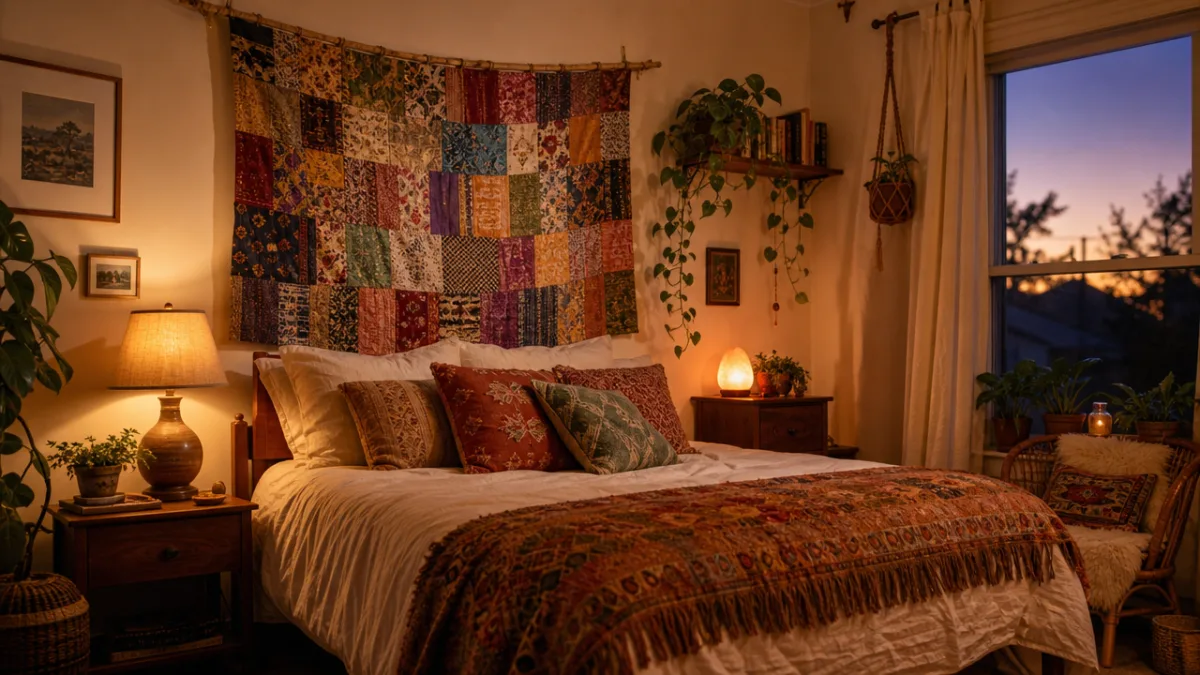 a cozy bohemian bedroom with a colorful fabric scrap wall hanging above…