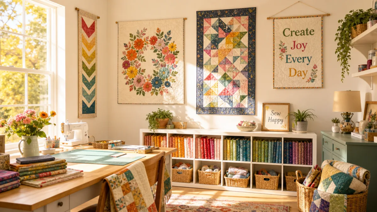 a cheerful bright craft room with finished fabric wall hangings displayed on…