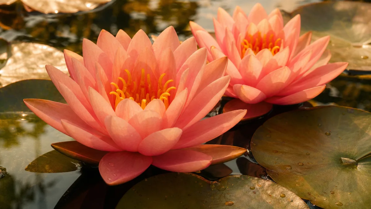 a close-up of salmon-pink water lily blooms floating on a still pond,…