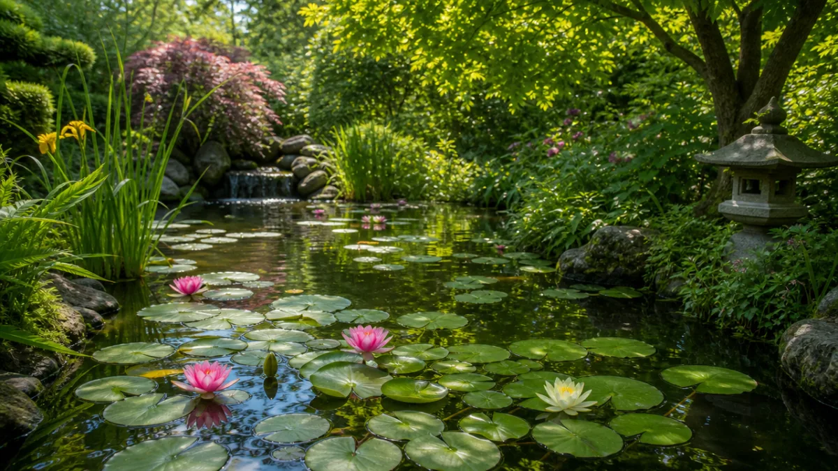 a garden pond with lily pads and blooms in dappled sunlight, lush…