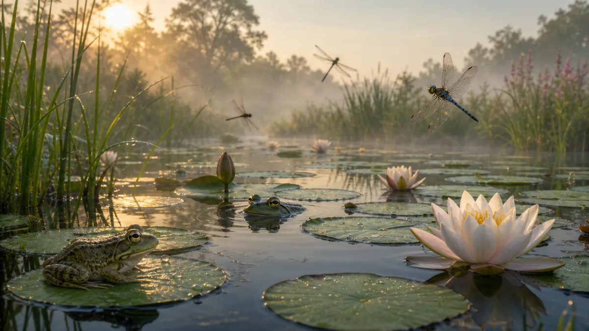 a tranquil wildlife pond with lily pads, frogs, and dragonflies, soft morning…