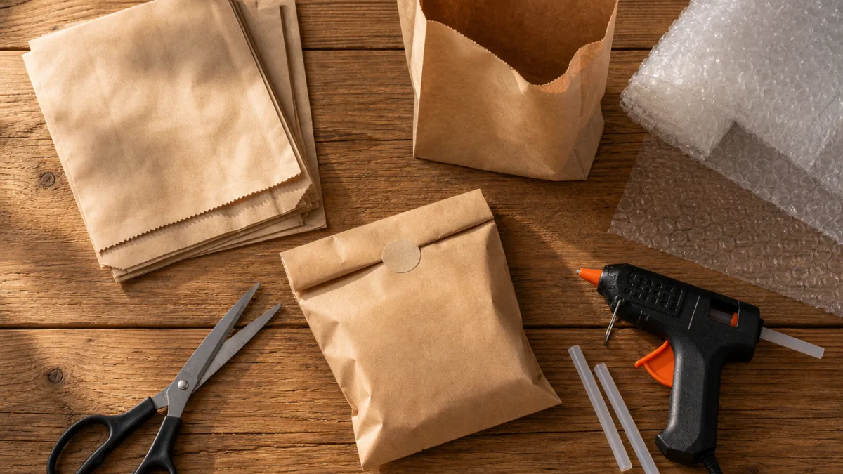 a flat lay of kraft paper bags, bubble wrap, scissors, and a…