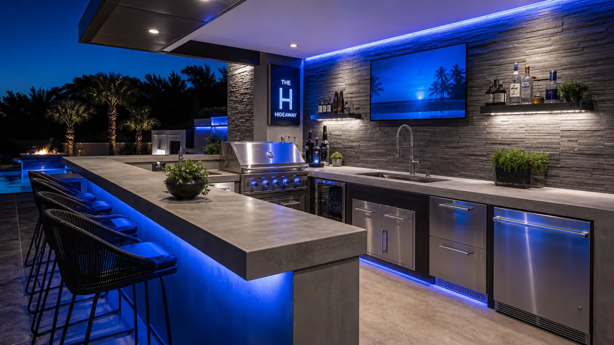 a modern built-in outdoor bar with stainless steel fixtures, polished concrete countertop,…