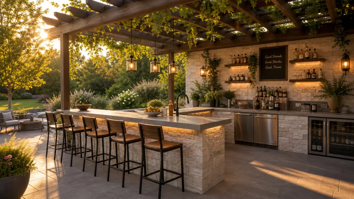 a spacious L-shaped outdoor bar area with pergola overhead, lush garden backdrop,…