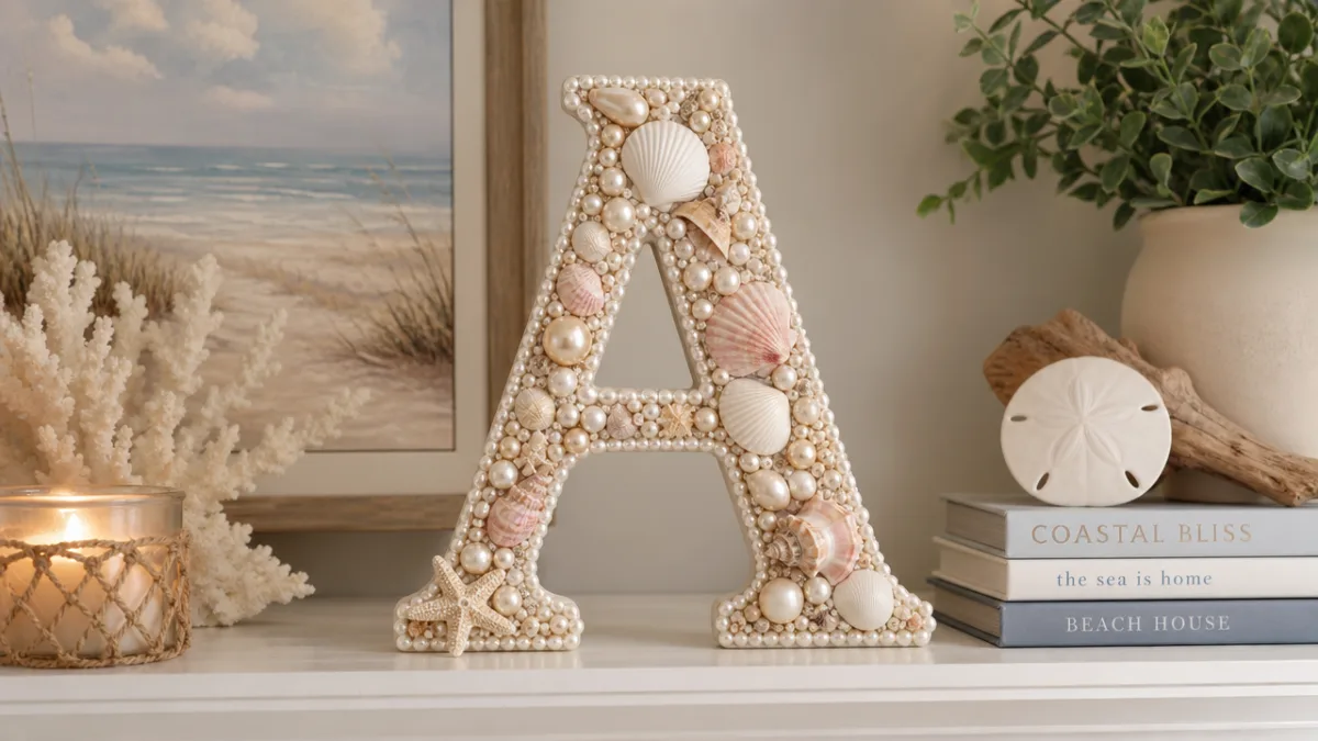 a finished seashell and pearl monogram letter displayed on a white shelf…