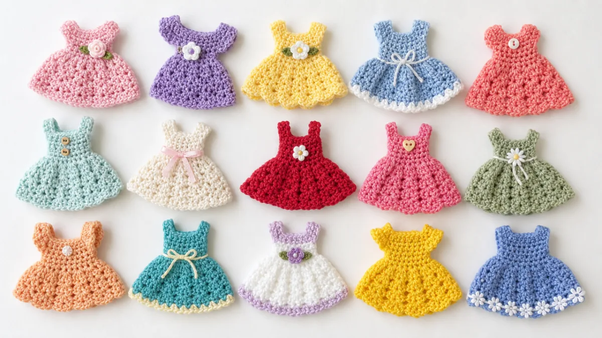 a flat lay of colorful miniature crochet dresses arranged on a white…