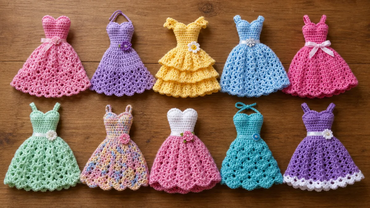 arranged collection of colorful finished Barbie crochet dresses displayed on a wooden…