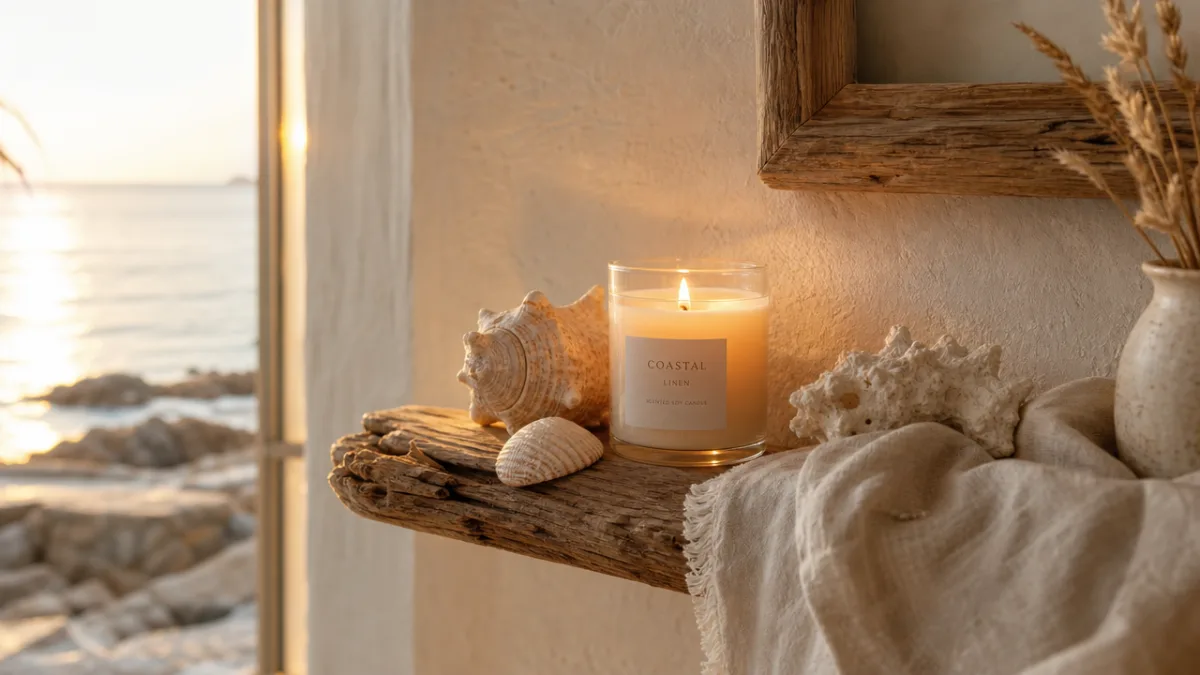 a coastal candle burning softly on a driftwood shelf beside seashells and…