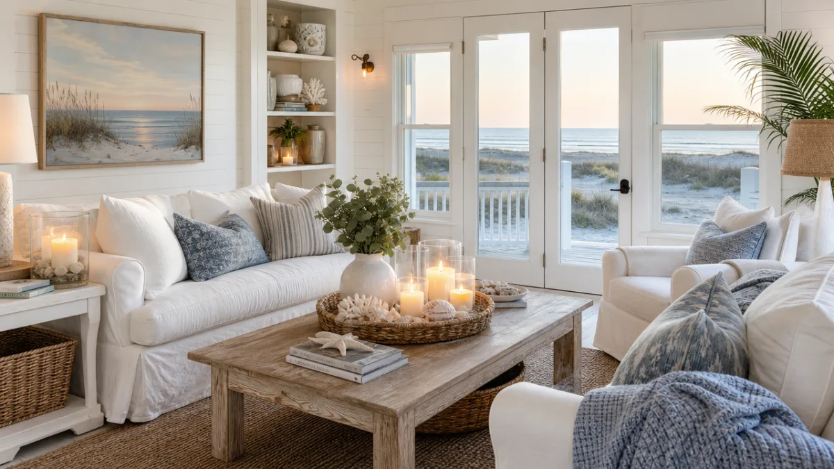 a bright airy beach house living room with white slipcovered sofas and…