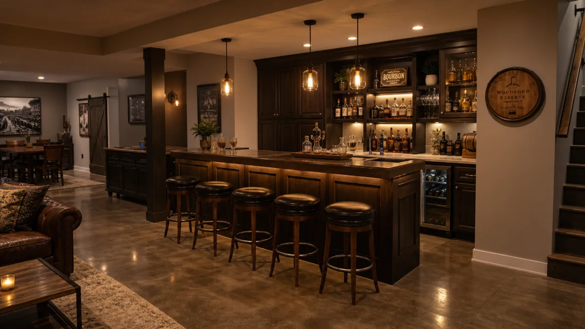 a warmly lit basement bar with dark wood cabinetry, pendant lighting, and…
