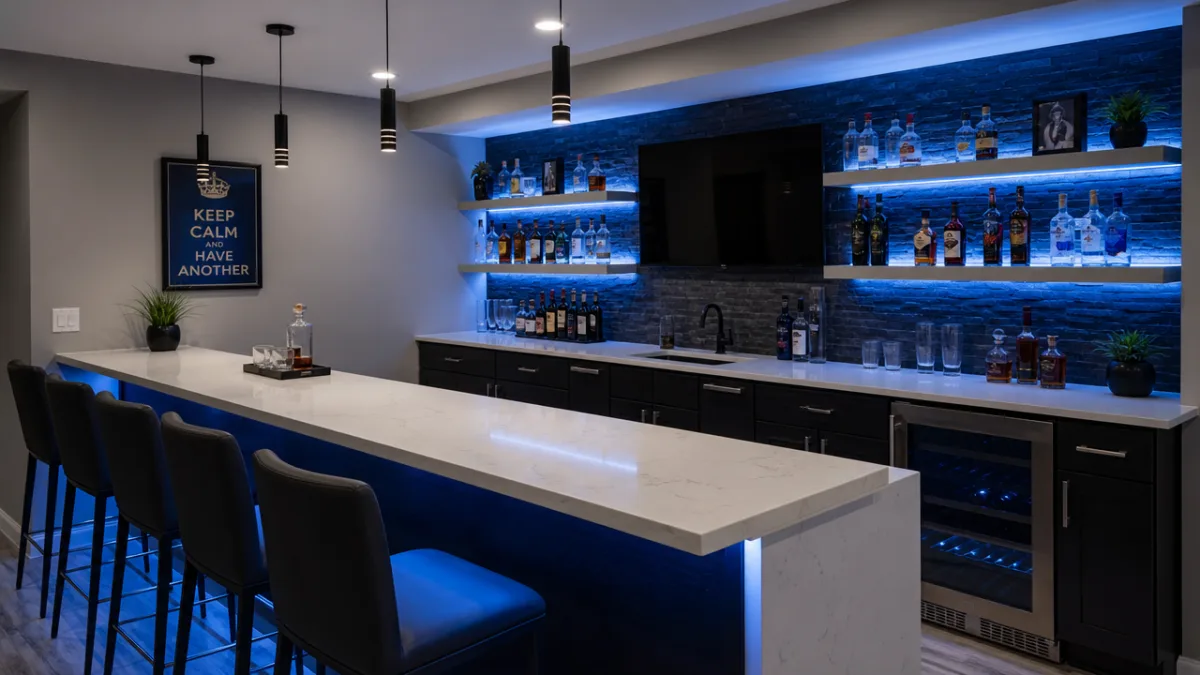 a sleek modern basement bar with backlit floating shelves, quartz countertop, and…
