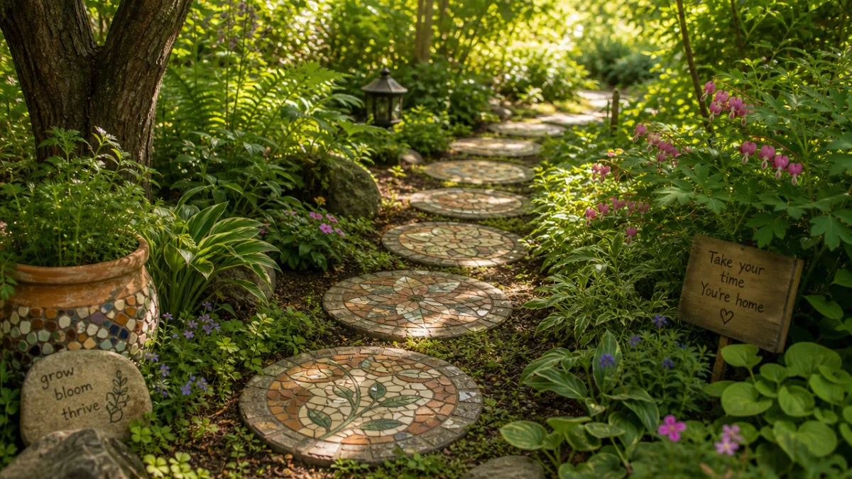 a lush green garden path lined with handmade mosaic stepping stones in…