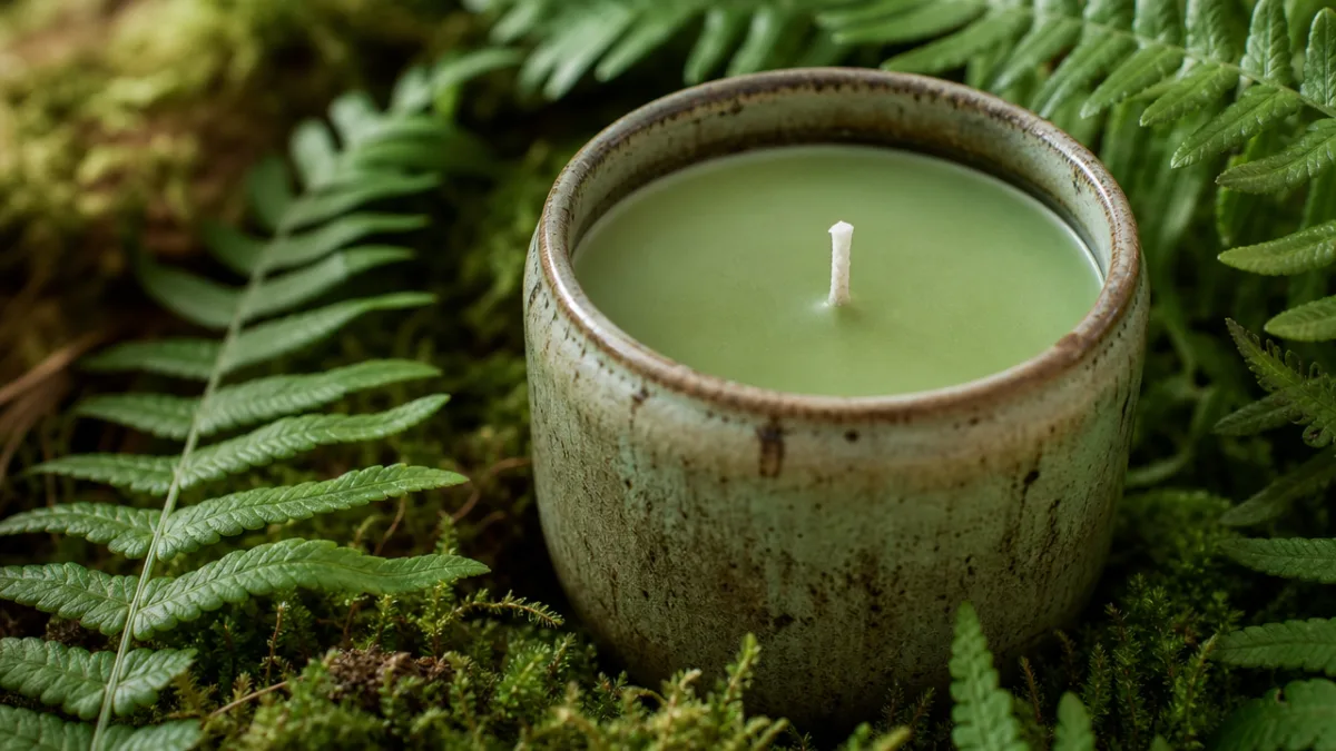 a close-up of a green soy wax candle in a rustic ceramic…