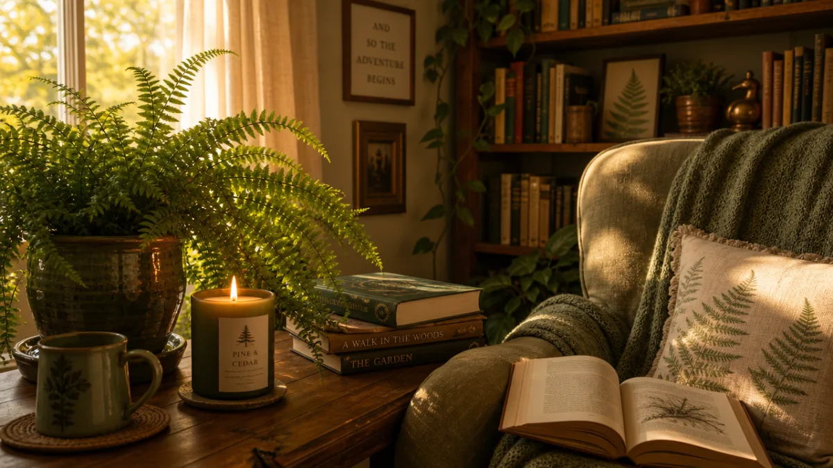 a cozy reading nook with a lit green candle on a wooden…