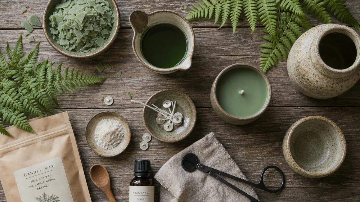a flat lay of candle-making supplies with green wax, ferns, and rustic…