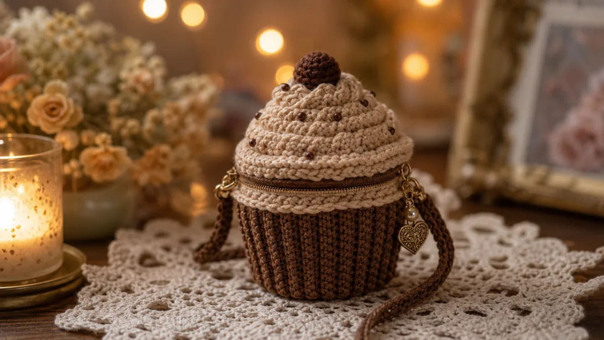 a hand-crocheted coffee-toned cupcake mini bag resting on a lace doily, soft…