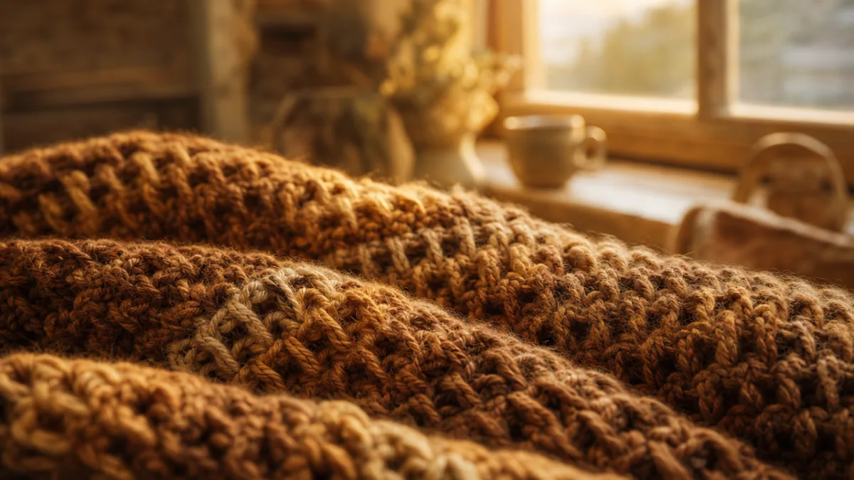 close-up of wool crochet stitches in warm coffee tones, golden hour natural…