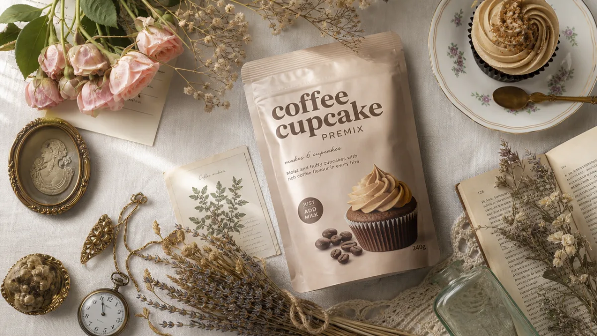 a styled flat lay of the coffee cupcake bag alongside flowers dried…