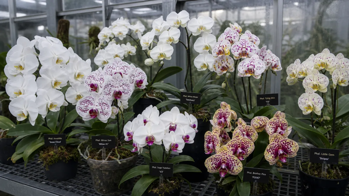 a collection of white and spotted orchid hybrid blooms arranged on a…