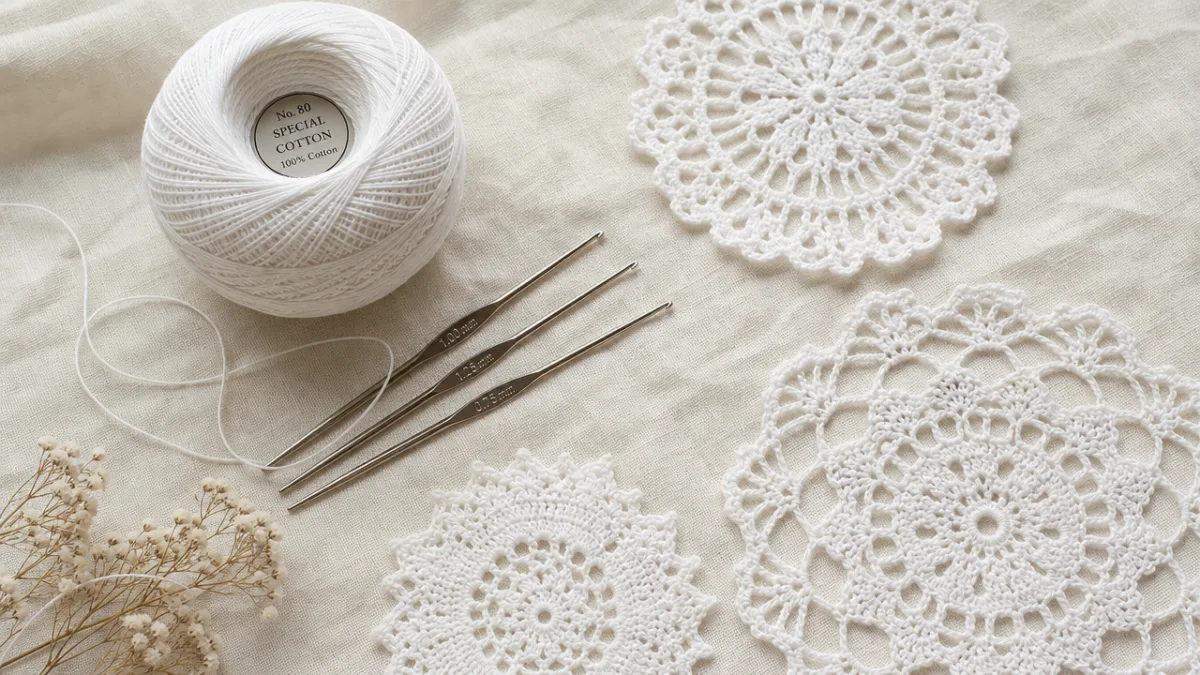 a flat lay of fine white cotton lace thread, steel crochet hooks,…