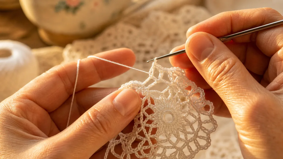 a crafter's hands working fine white thread with a small steel crochet…