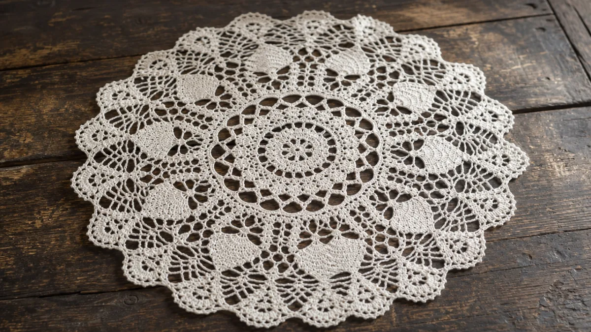 a vintage white crocheted lace doily spread over dark aged wood, with…