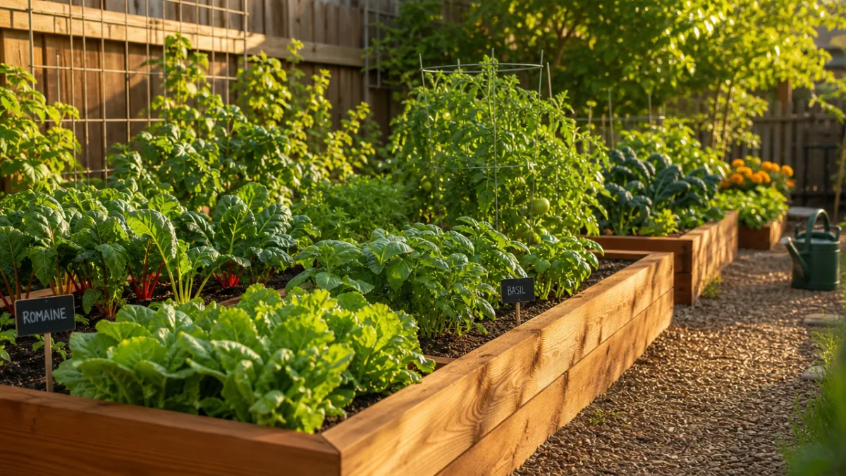 a lush raised bed vegetable garden with cedar planks, rows of green…