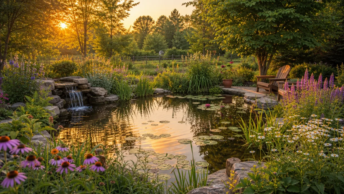 a serene backyard garden pond surrounded by lush greenery and wildflowers, soft…